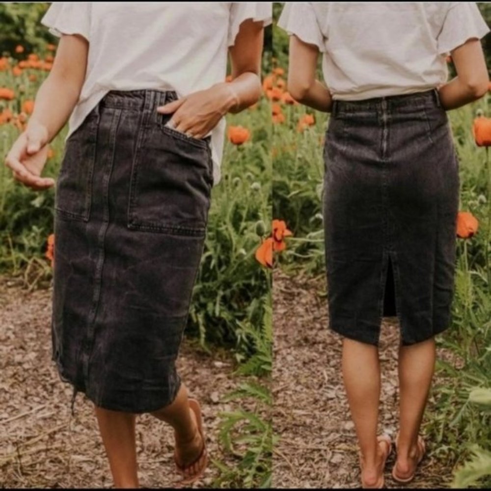 Free People Elisa Denim Pencil Skirt 0 Black new without tag